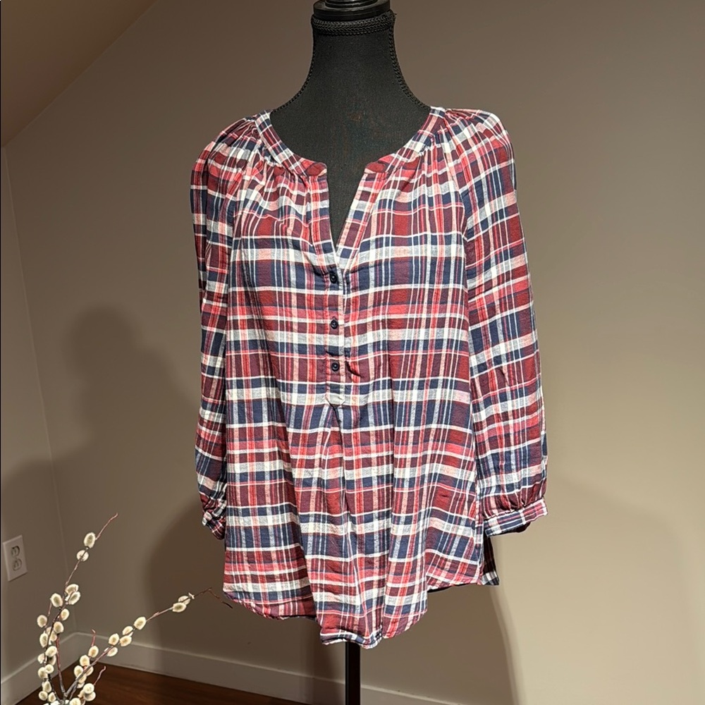 Joie Red and Blue Relaxed Blouse with Mandarin Collar